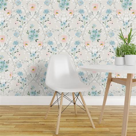 Pre Pasted Wallpaper 2ft Wide Romantic Floral Blue Gray Pink Watercolor