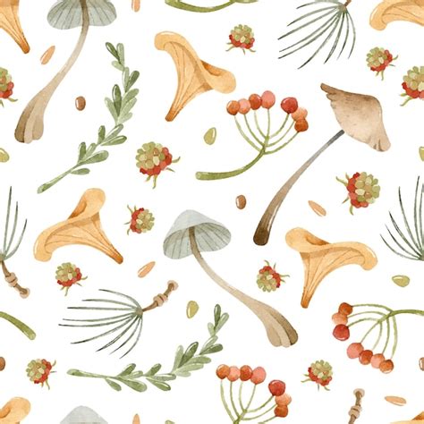 Premium Vector Watercolor Mushrooms And Berries Seamless Pattern