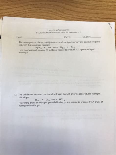 Solved Honors Chemistry Stoichiometry Problems Worksheet Chegg