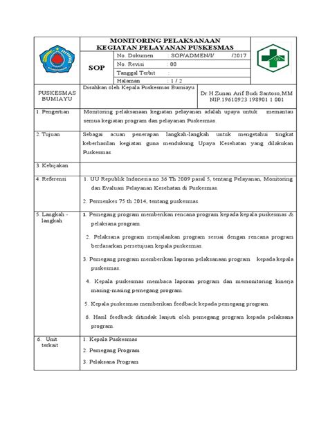 1151 Sop Monitoring Pelaksanaan Kegiatan Pelayanan Puskesmas Pdf