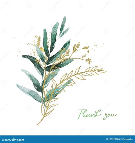 Watercolor Floral Illustration Bouquet Green Gold Leaf Branches