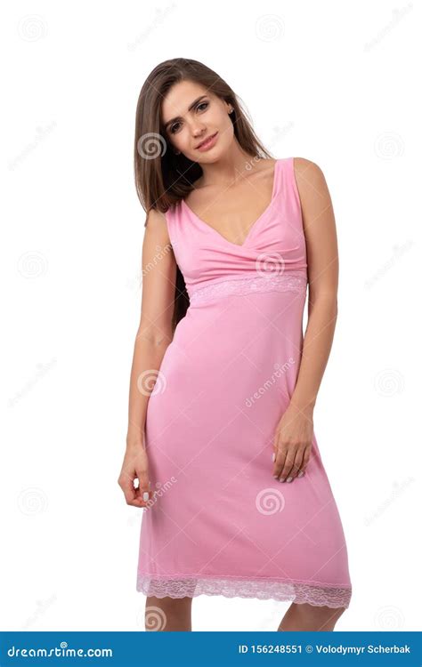 Seductive Brunette Woman Standing In Nightie Isolated Stock Image