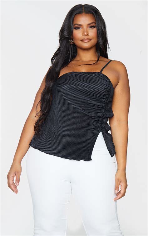 Plus Black Plisse Ruched Top Plus Size Prettylittlething