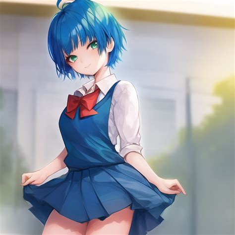 A Very Beautiful Anime Girl Blue Short Hair Green Eyes Full Round