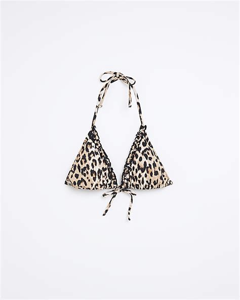 Brown Leopard Print Frill Triangle Bikini Top River Island