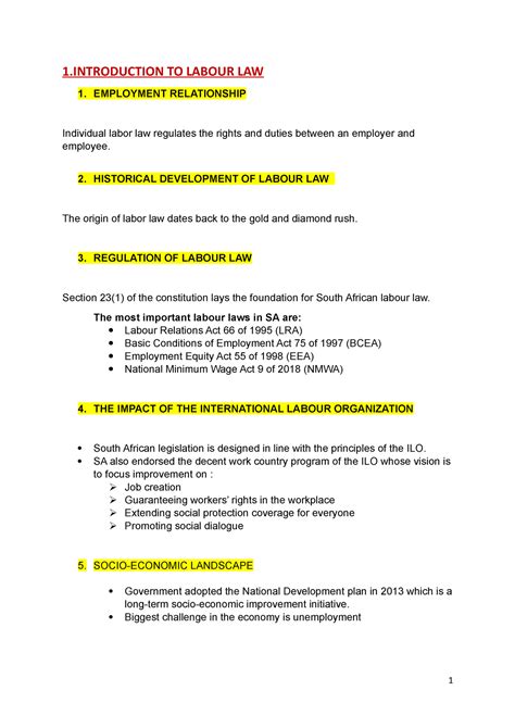 Labour Law Personal Notes 1 To Labour Law 1 Employment Relationship