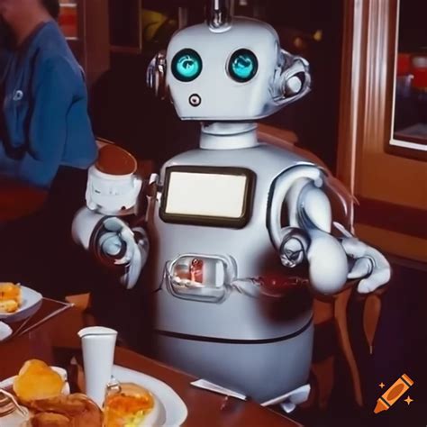 Robot Eating Egg Foo Young In Diner 1980s Style Photograph On Craiyon