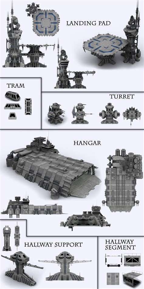 Series of modules for building a scifi base. Six modules include a ...