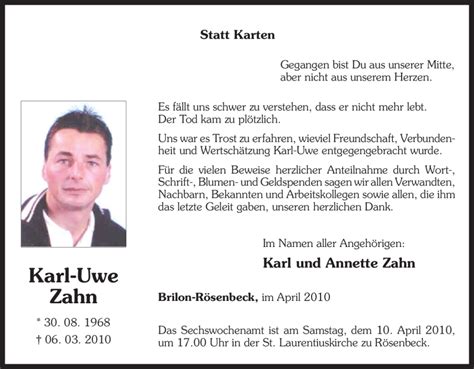 Traueranzeigen Von Karl Uwe Zahn Trauer In Nrw De