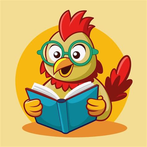 A Cartoon Of A Chicken Reading A Book With Glasses On It Premium AI