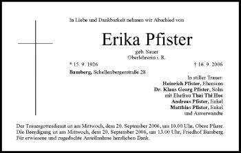 Erika Pfister Traueranzeige Trauer Infranken De