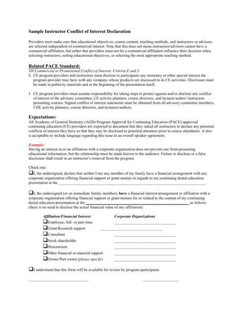 Sample Instructor Conflict Of Interest Declaration Providers Must