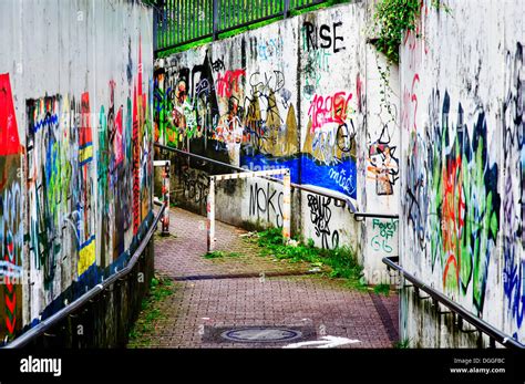 Walls of a tunnel underpass defaced with graffiti, Grevenbroich, North Rhine-Westphalia Stock ...