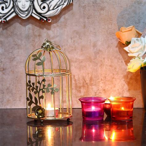 Gold Color Metal Bird Cage Tea Light Holder With Flower Vine Etsy