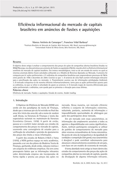 Pdf Eficiência Informacional Do Mercado De Capitais Brasileiro Em Anúncios De Fusões E Aquisições