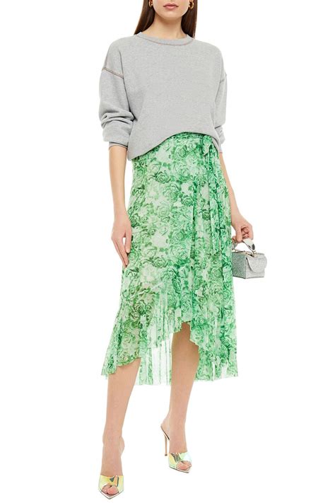 GANNI Ruffled Floral Print Stretch Mesh Midi Wrap Skirt THE OUTNET