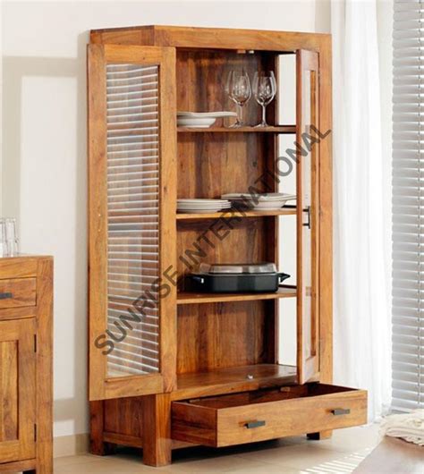 Solid Sheesham Wood Display Glass Door Bookshelf Crockery Cabinet With Double Door Furniture