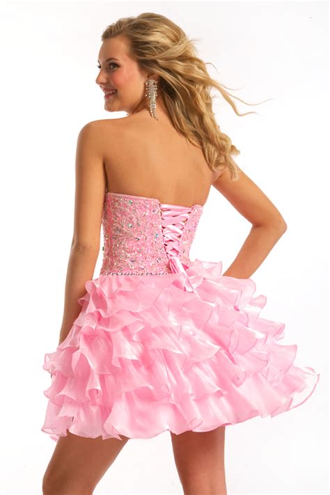 Pink Strapless Sweetheart A Line Mini Sexy Dress With Embroidery And Tiered Ruffled Skirt