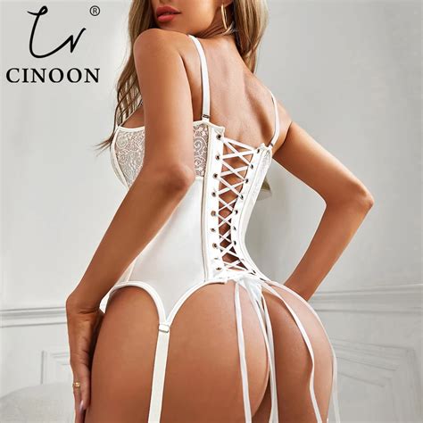 CINOON Sexy Corset Lingerie Bustier Women Strappy Bodysuit Lace Push Up