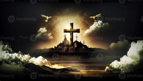 Religion landscape background, christian cross on nature backdrop ...