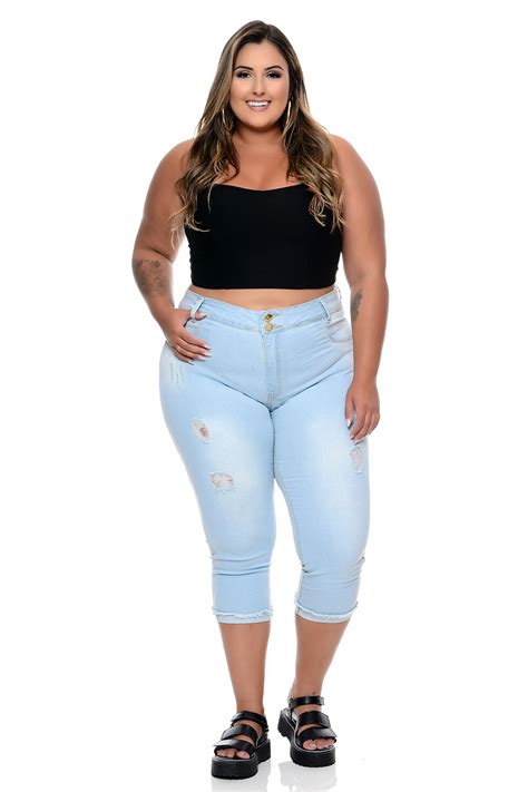 Calça Jeans Plus Size Cropped Clean Vk Moda Plus Size