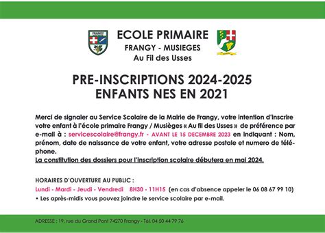 PRE INSCRIPTIONS 2024 2025 ECOLE PRIMAIRE AU FIL DES USSES Mairie De