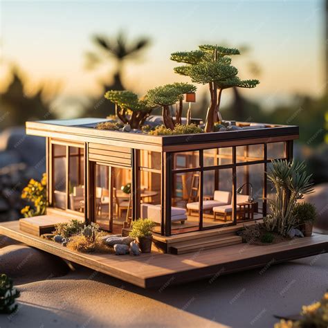 realistic wooden modern tiny house  flat roof  big windows