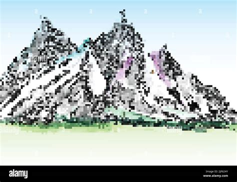 Beautiful Hand Draw Landscape With Mountain Sketch Colorful Background