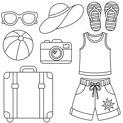 Conjunto De Objetos Para Viajar Para Colorear Para Niños Contorno De Verano Para Colorear