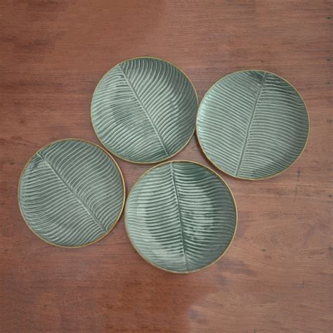 UNICEF Market Ceramic Banana Leaf Dinner Plates Set Of 4 From Bali