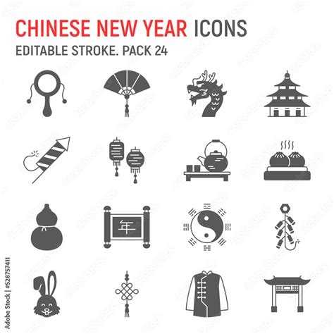 Chinese new year glyph icon set, 2023 chinese rabbit zodiac, travel ...