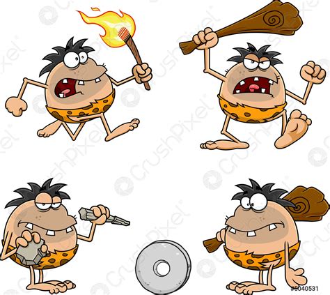 Caveman Cartoon Characters Vector Hand Drawn Collection Set Stock