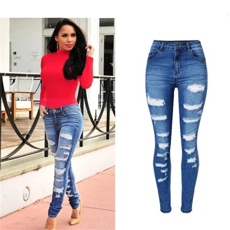 Hot Ripped Fashion Women Jeans High Waist Denim Stretch Full Length Skinny Pencil Jeans Summer