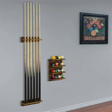 Wall Mounted Dark Brown Wood Pool Cue Stick Holder Rack For Cues With