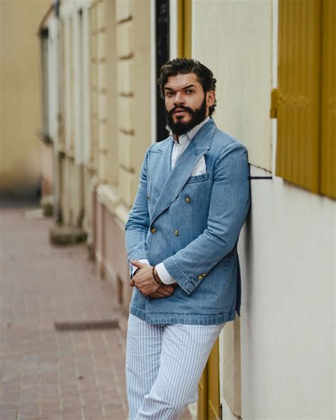 Blazer En Jean Avec Pantalon Ray Bleu Hockerty