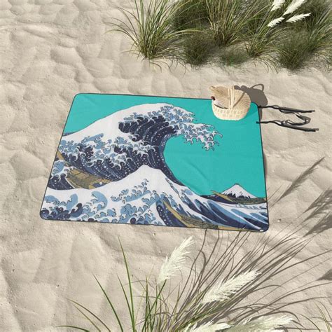 Hokusai“the Great Wave Off Kanagawa”green Cyan Background Picnic Blanket By Dohshin Society6