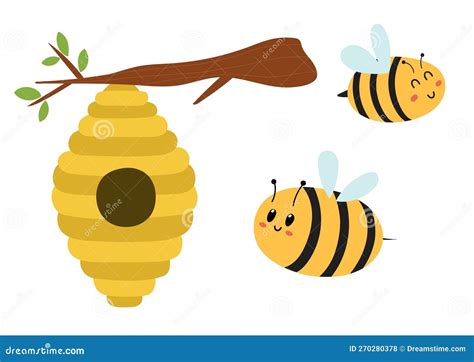 Beehive Hanging On Tree Branch Cartoon Honey Bee Hive Bees Swarm