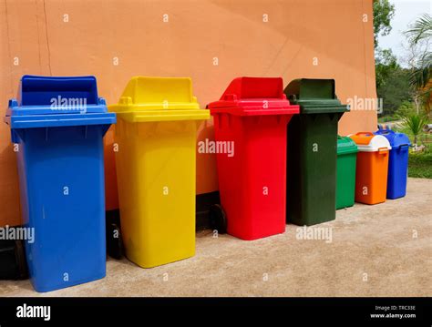 Recycle Bins Green Orange And Blue Colorful Bin Stand On Outdoors In