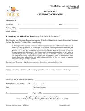 Fillable Online TEMPORARY SIGN PERMIT APPLICATION Duck North Carolina