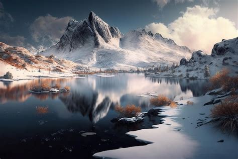 Premium Photo | A snowy mountain landscape with a mountain in the background