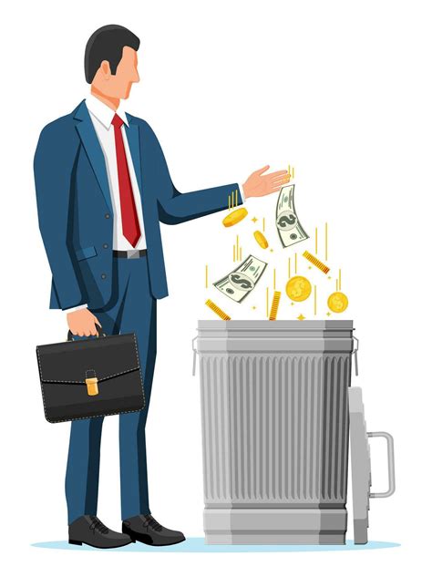 Businessman Putting Golden Coins And Dollar Bills In Trash Garbage