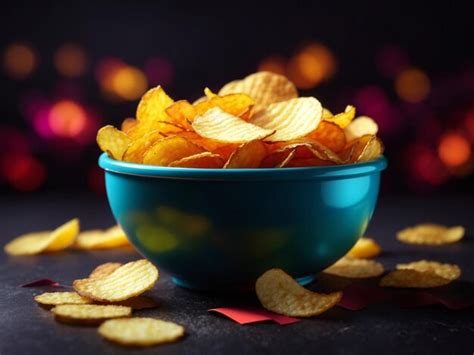 Premium Ai Image Crispy Potato Chips In A Bowl Neon Dark In The