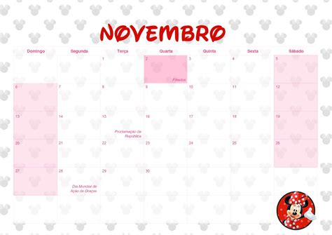 Calendario Mensal 2022 Minnie Vermelha Novembro Fazendo A Nossa Festa