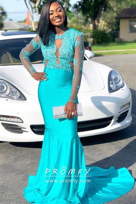 Cyan Blue Lace And Satin Sleeved Mermaid Prom Dress Long Sleeve Lace Dress Black Girl Prom