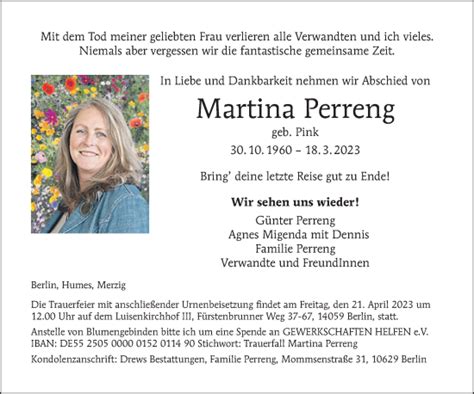 Traueranzeigen Von Martina Perreng Saarbruecker Zeitung Trauer De