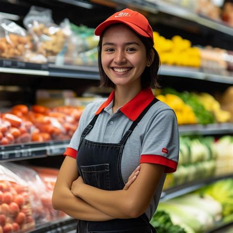 Premium Photo Sales Assistant In Supermarket Demonstrating Dairy