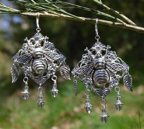 Silver Dangle Bee Earrings Witchy Forest Jewelry Dainty Filigree