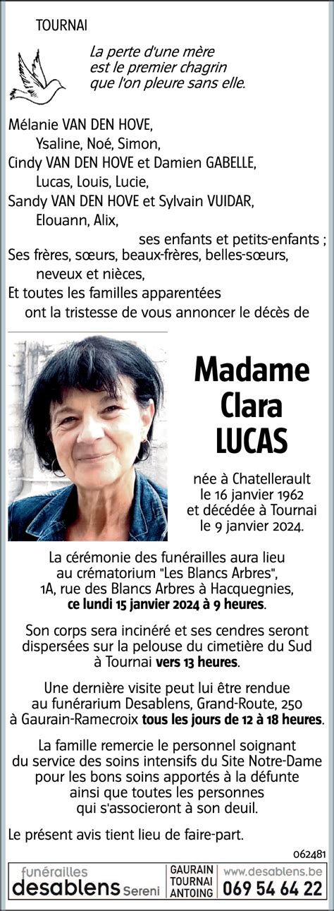 Avis De Décès De Clara Lucas Décédé Le 09 01 2024 à Tournai Annonce