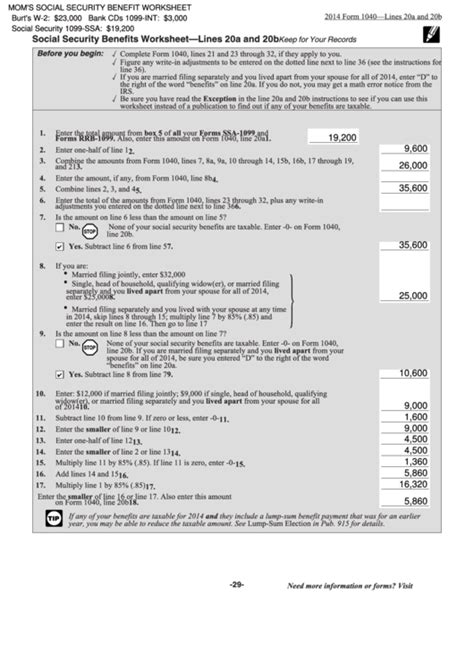 Social Security Benefits Worksheet Lines 6a And 6b