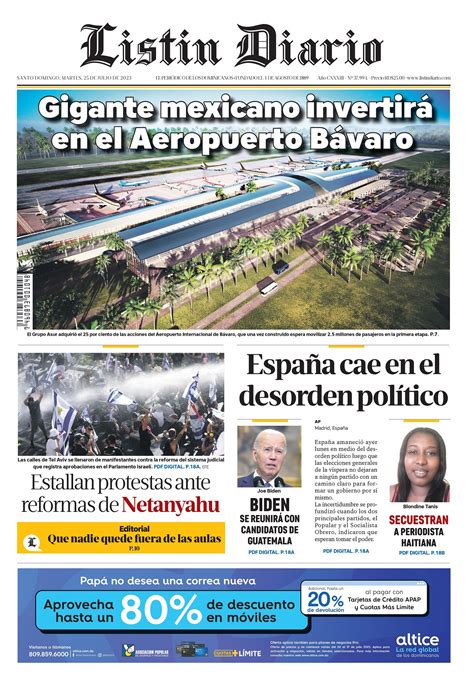 Portada Periódico Listín Diario Martes 25 Julio 2023 Dominicanado